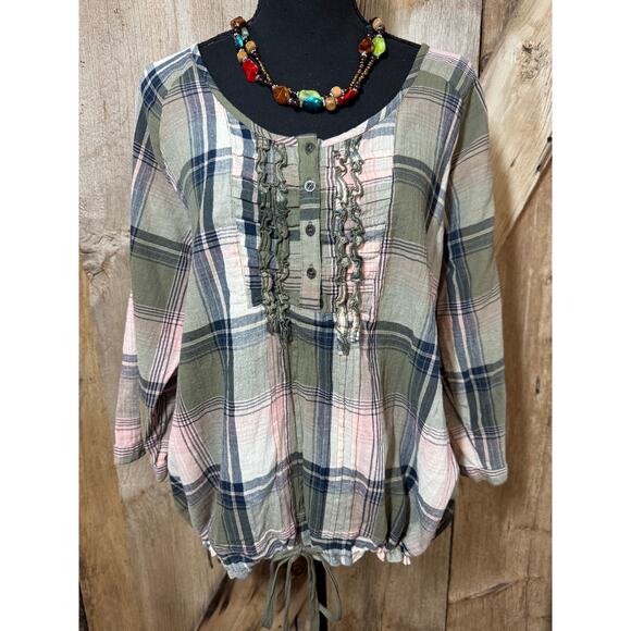 Maurices Button Front Ruffle Plaid Green Pink Women's Size 1X Elastic Waist - Picture 1 of 12